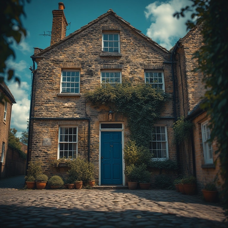 brick home with a blue door.